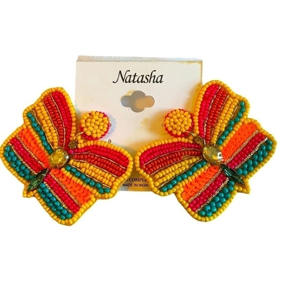 NATASHA Couture Rainbow Bead and Jewel Butterfly Drop Pierced Earrings Stud Back - Picture 2 of 7